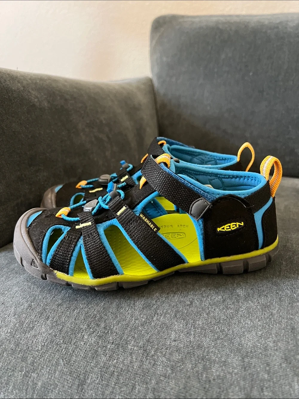 Keen Kids Black and Blue Sport Sandals with Yellow Accents